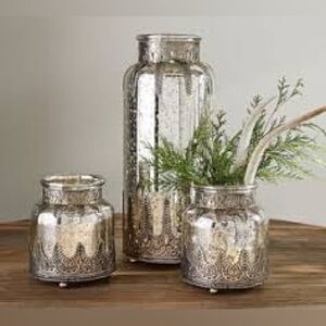 Set of 2 Vintage POTTERY BARN MADELINE Silver Filigree Mercury Glass Vase 6.5”